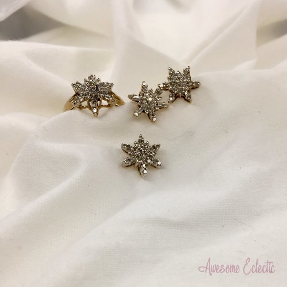10k Diamond Ring/Earrings/Pendant Snowflake Set - Sz 5.5 - Great Winter Gift! - Picture 1 of 16